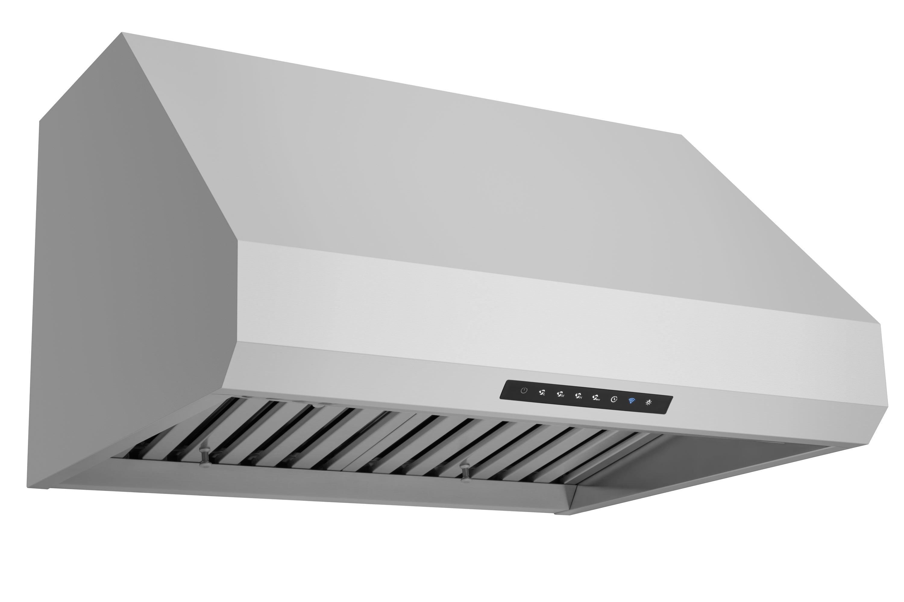 Stainless steel pro-style range hood underside with baffle vent panels