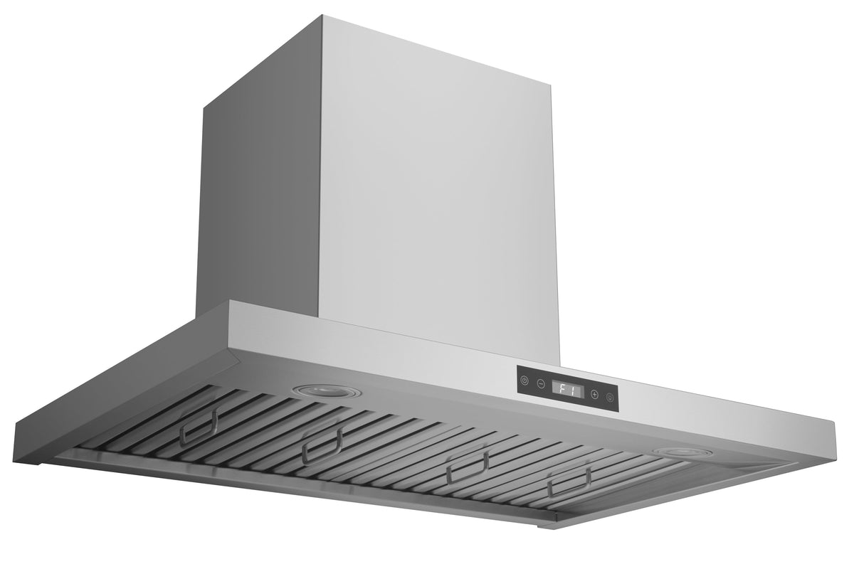 Stainless steel range hood underside with vent baffle channels and chimney