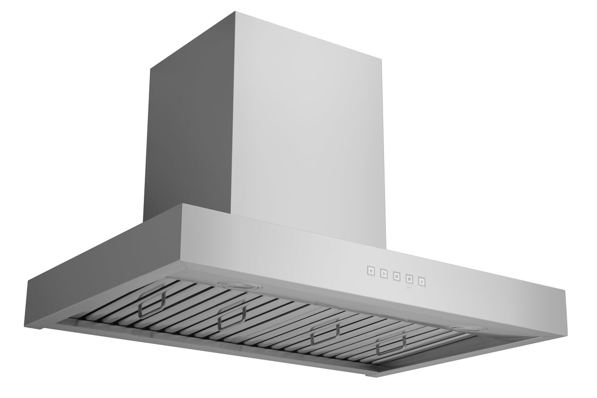 Stainless steel convertible wall mount range hood with exposed baffle filters.