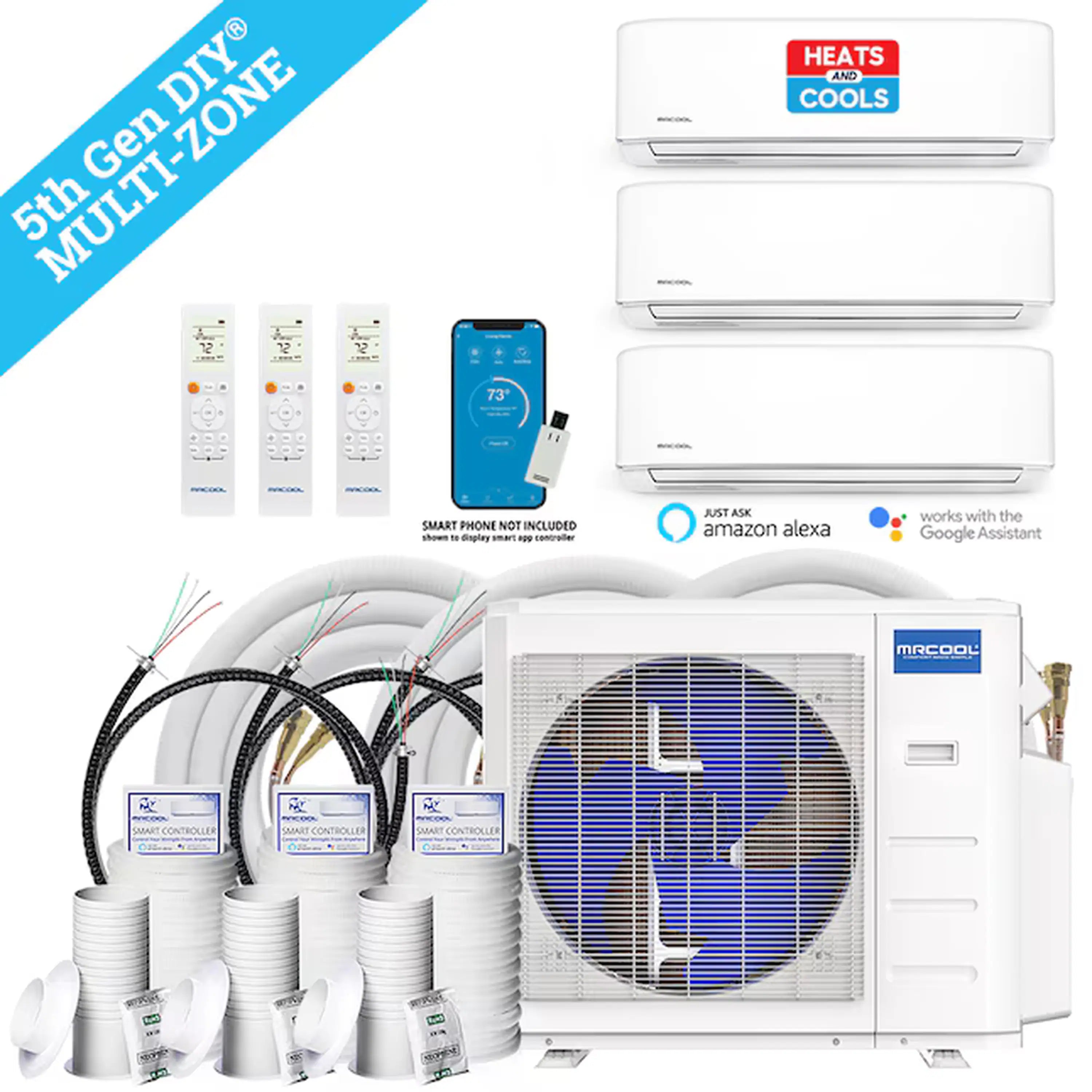 White ductless mini split multi-zone heat pump kit with indoor units, remote, and outdoor unit