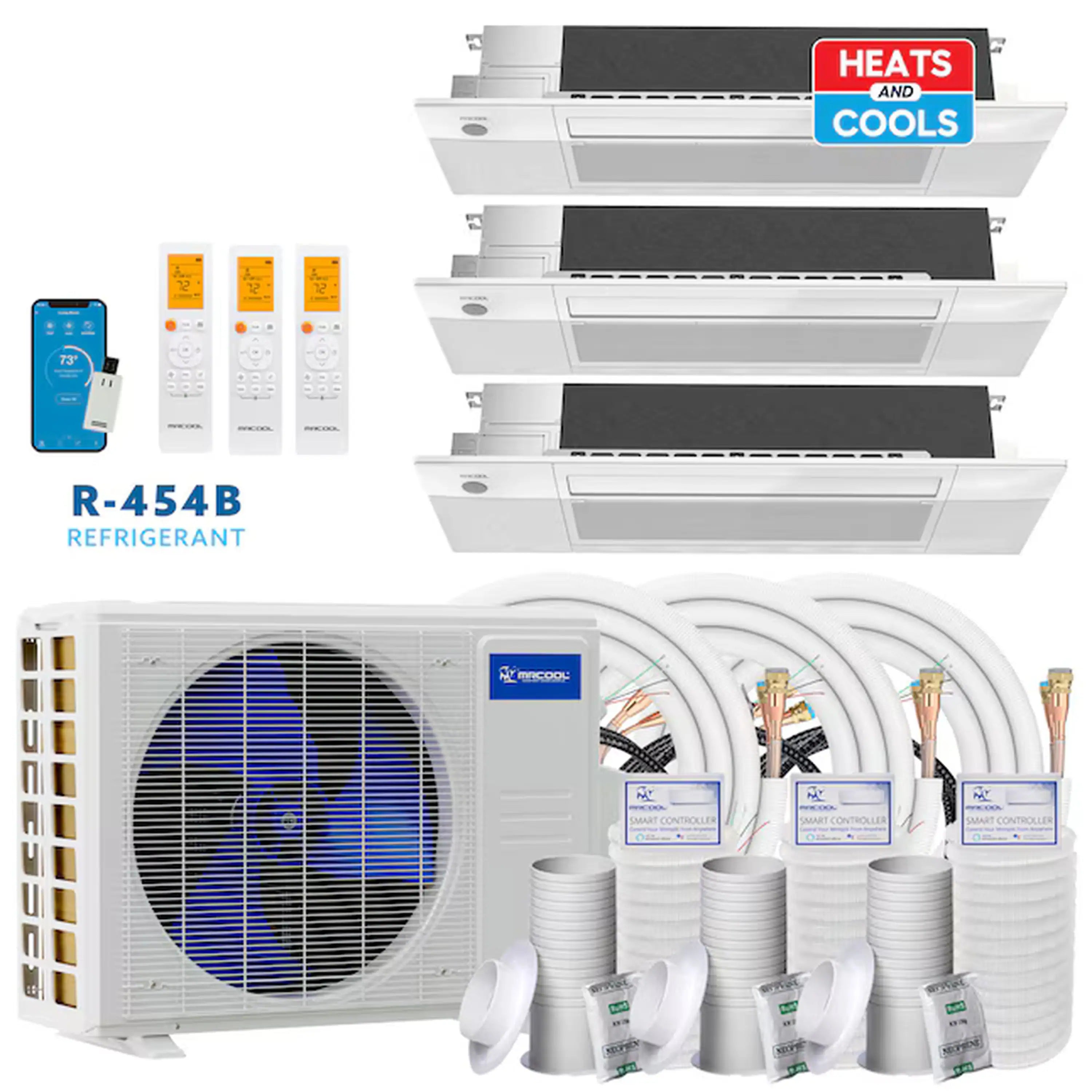 MRCOOL 3-zone mini split with three white ceiling cassette indoor units and R-454B