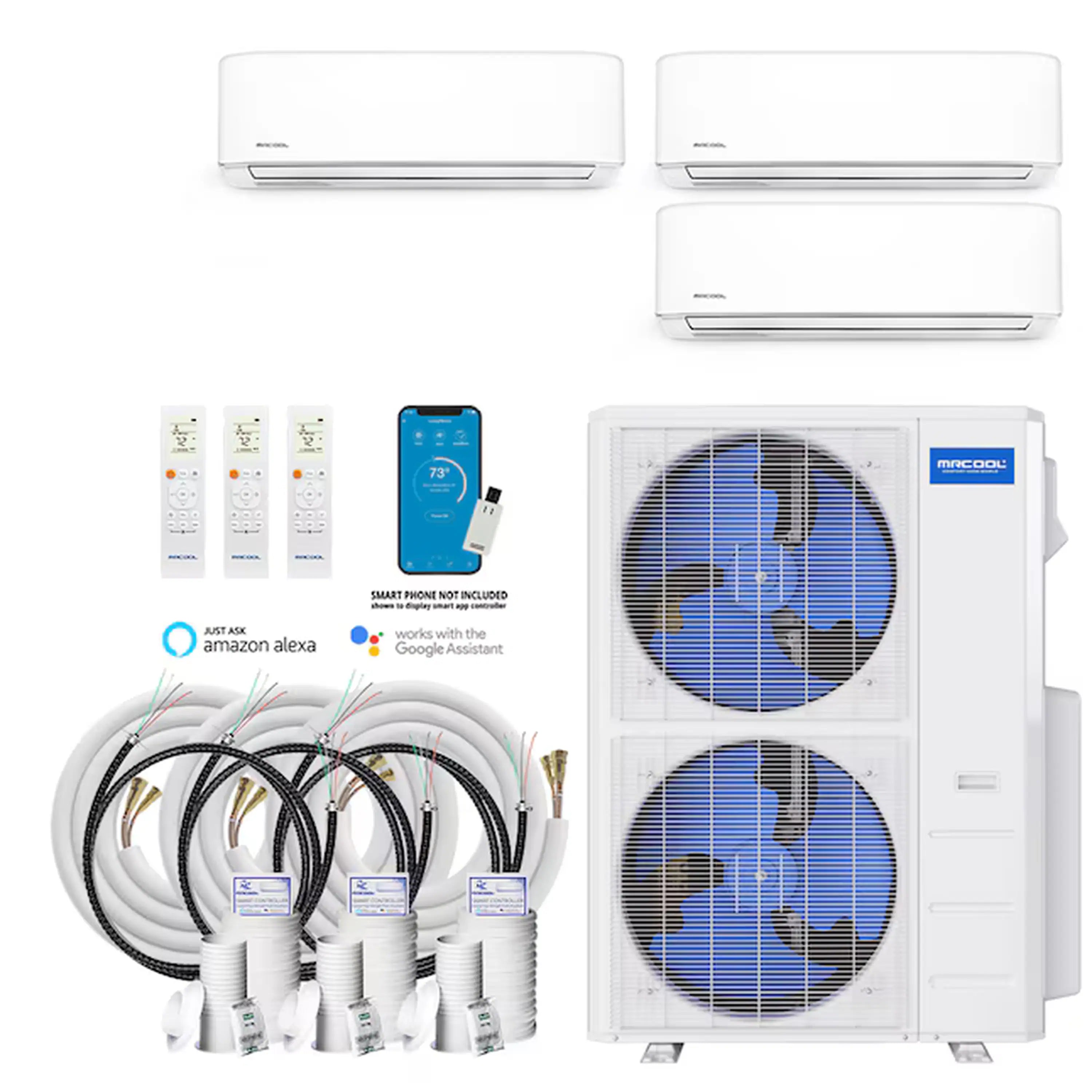3-zone ductless mini split system with three white indoor wall units and line set kit