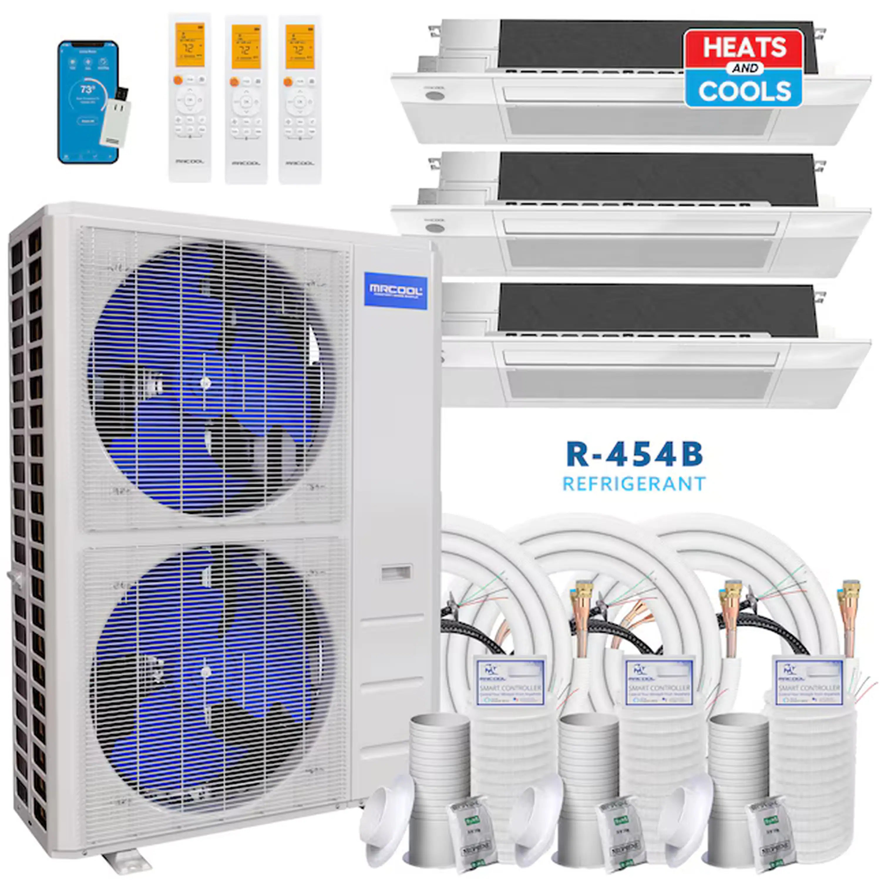 MRCOOL multi-zone ductless mini split with outdoor unit, ceiling cassettes, and line set
