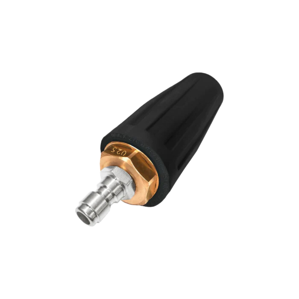 Turbo pressure washer nozzle, black rubber collar, gold insert, 1/4 quick connector.