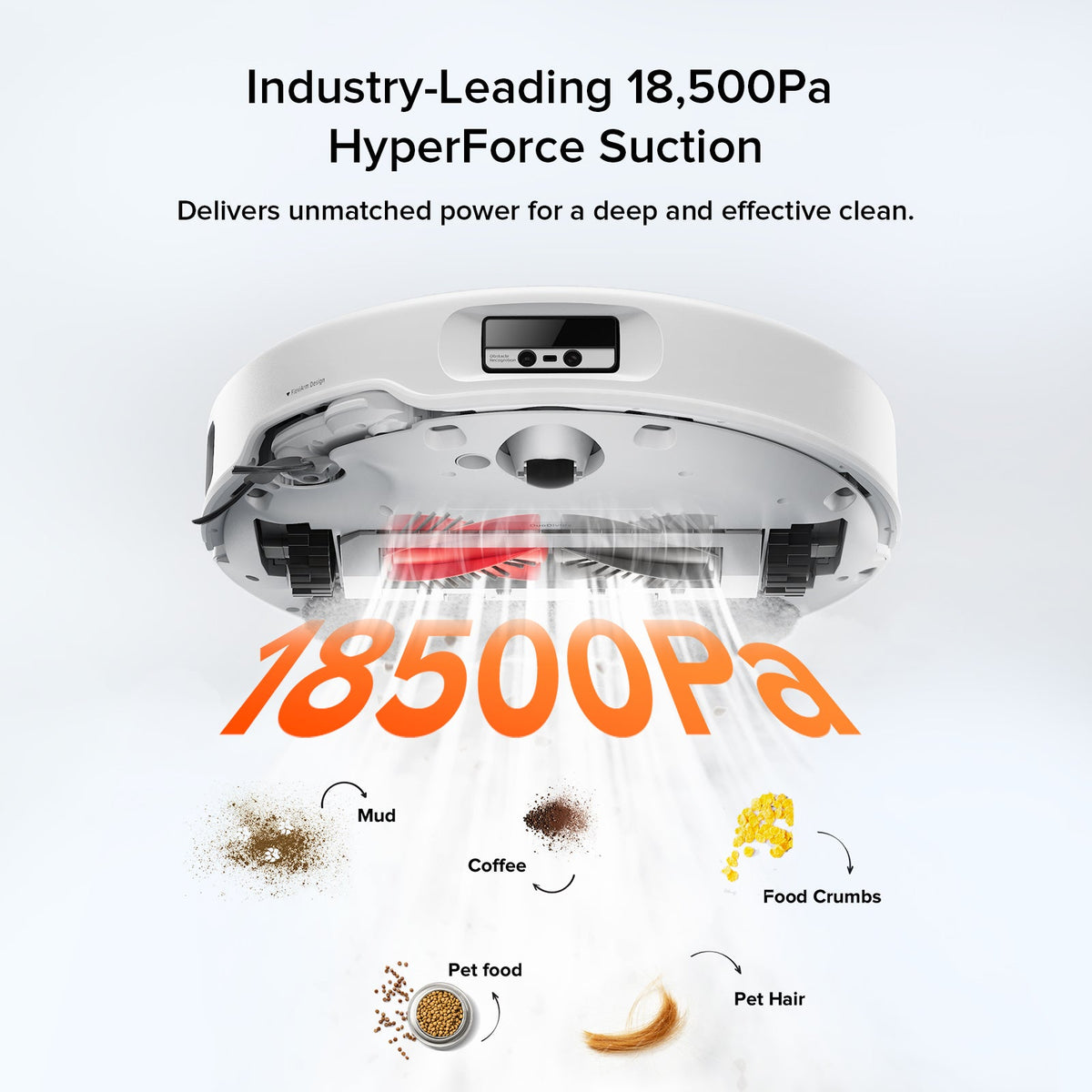 Roborock robot vacuum with visible suction underside, white chassis for deep cleaning