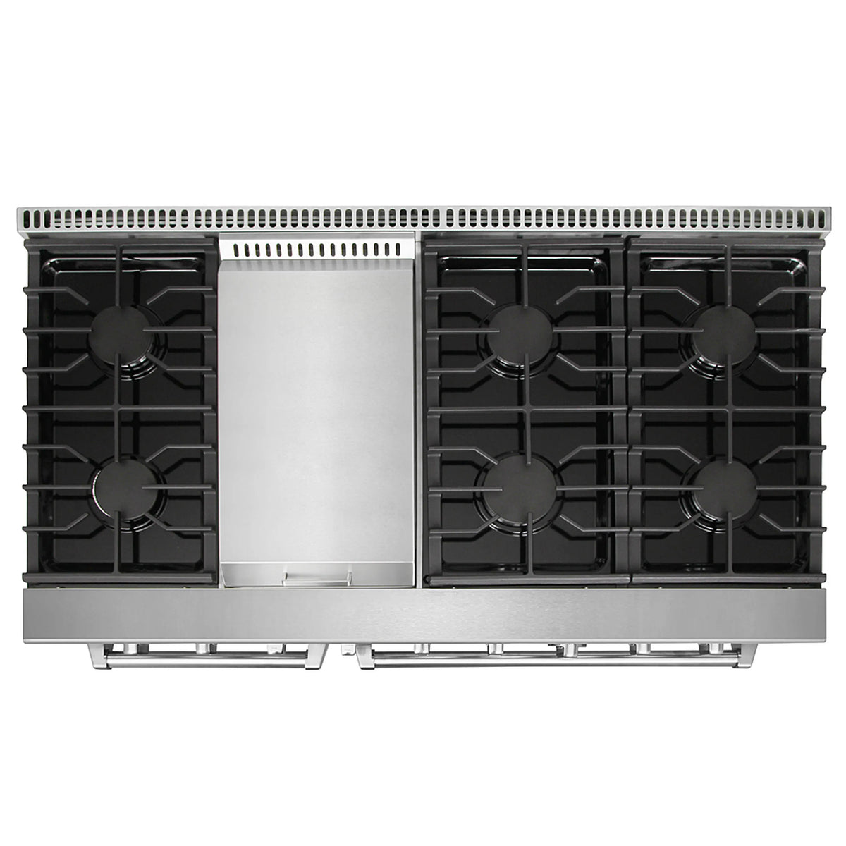 Black 48-inch propane gas range with six burners and griddle, front view