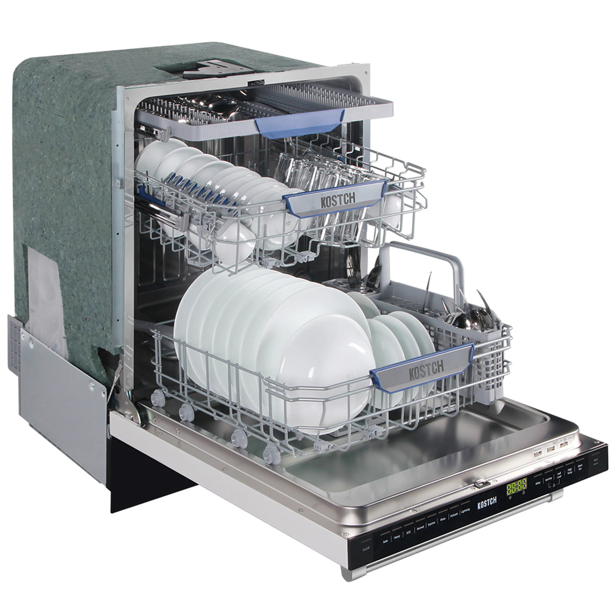 Open stainless steel dishwasher interior with racks, spray arms, and blue trim
