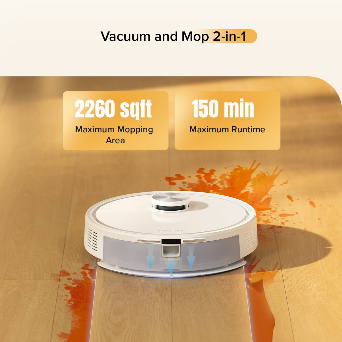 Roborock robot vacuum and mop, white circular unit with mopping nozzle
