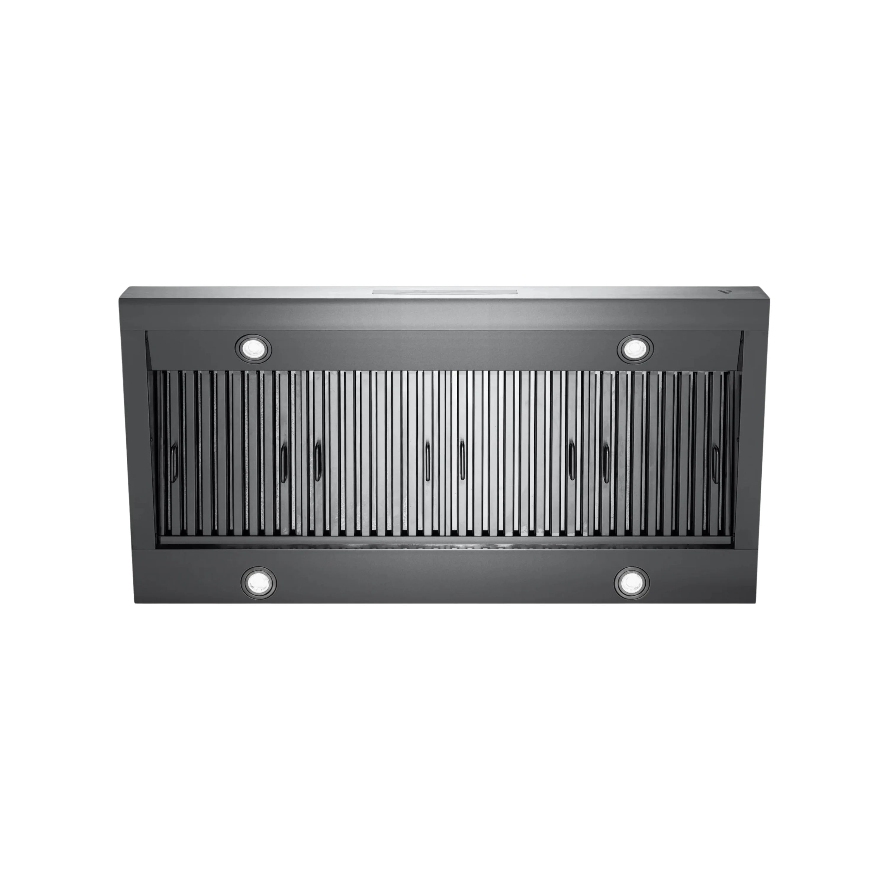 Stainless steel 36-inch range hood with front vent slats and two round light lenses