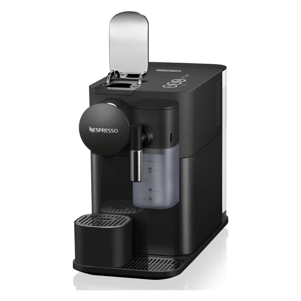 Black Nespresso espresso machine with open top lid and side water tank