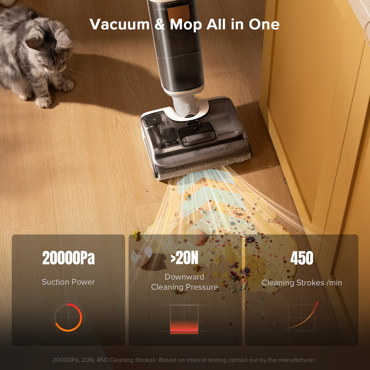 Roborock wet and dry vacuum mopping head cleaning a wood floor, with upright body