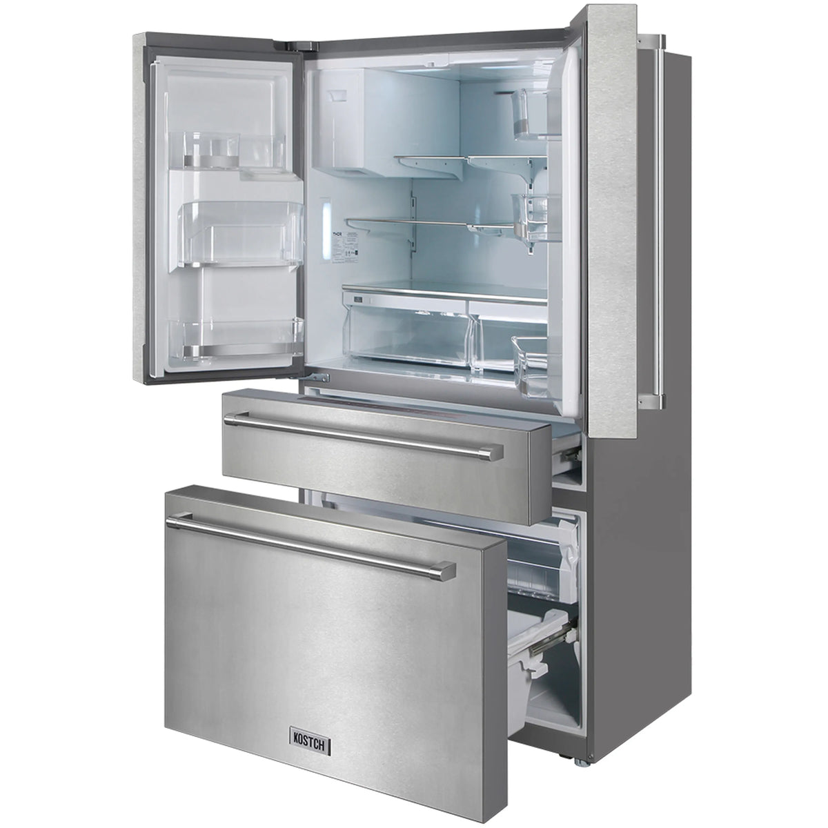 Stainless steel refrigerator door open with interior shelves and bottom pull-out drawer