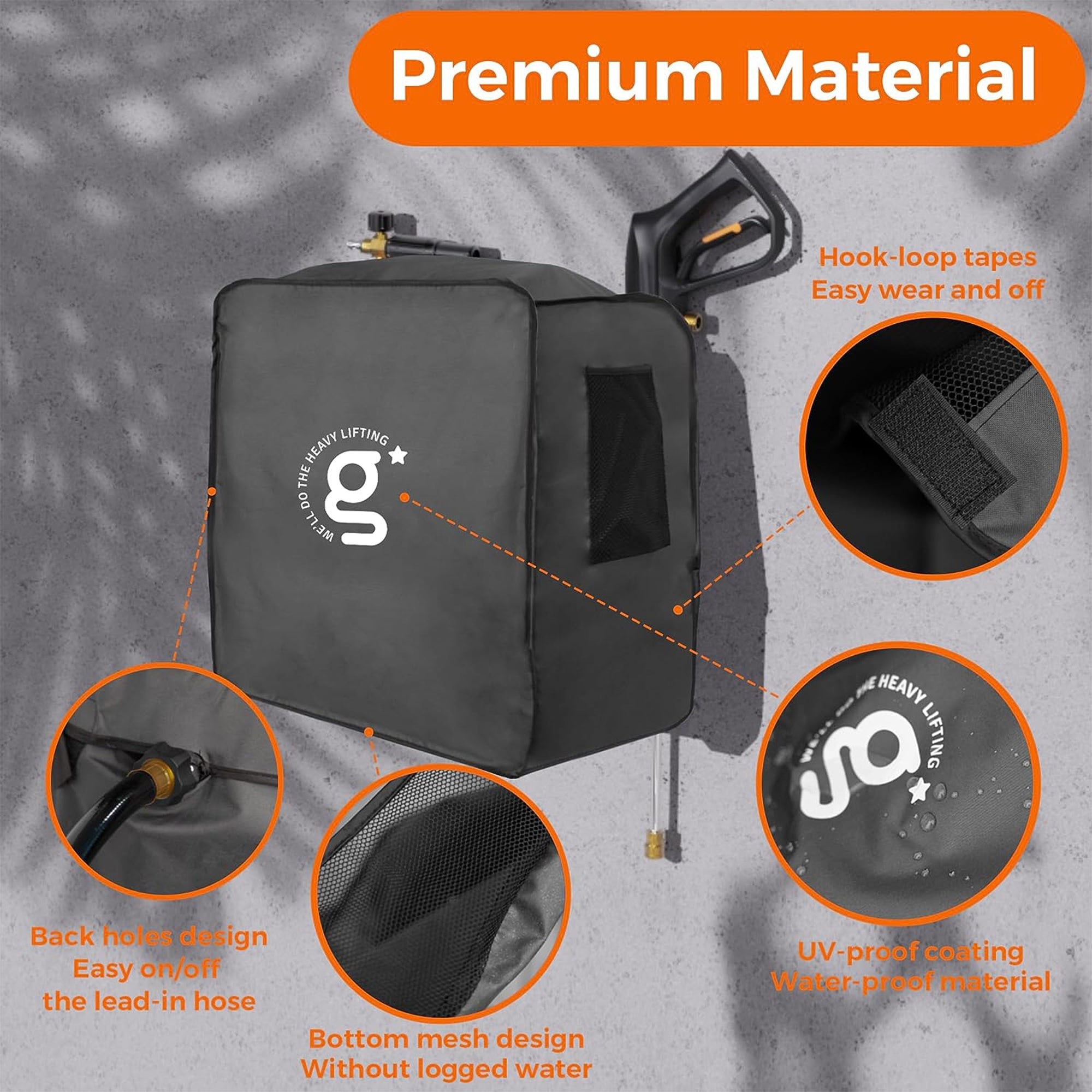 Pressure washer cover in dark fabric with handle, mesh pockets, and front opening panel.