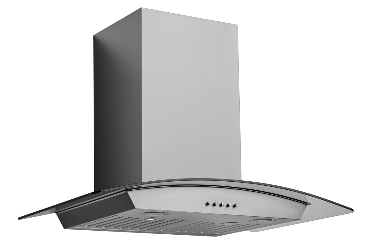 Wall-mounted stainless steel range hood with curved canopy and front vent grille