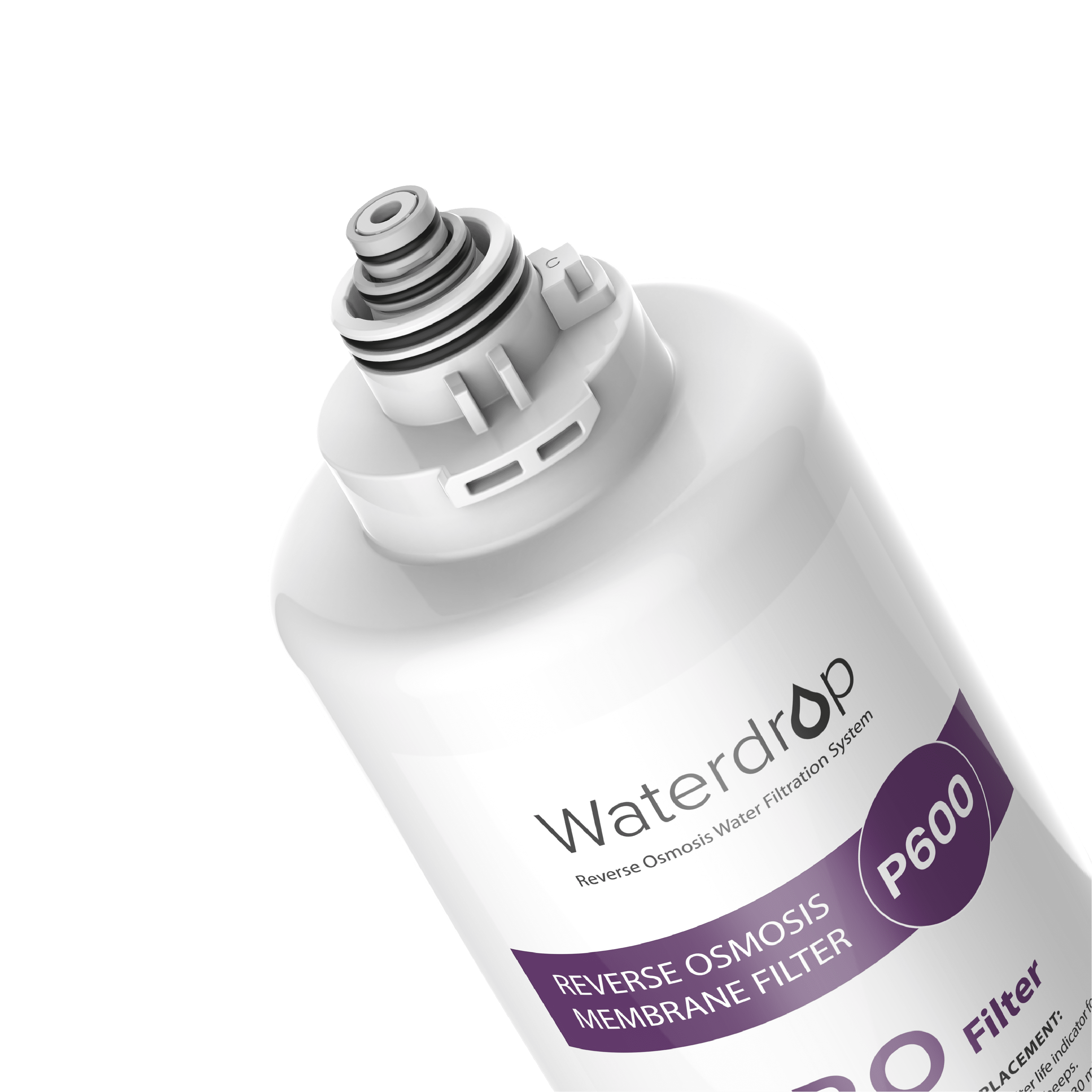 RO membrane filter replacement, angled white bottle with P600 purple label