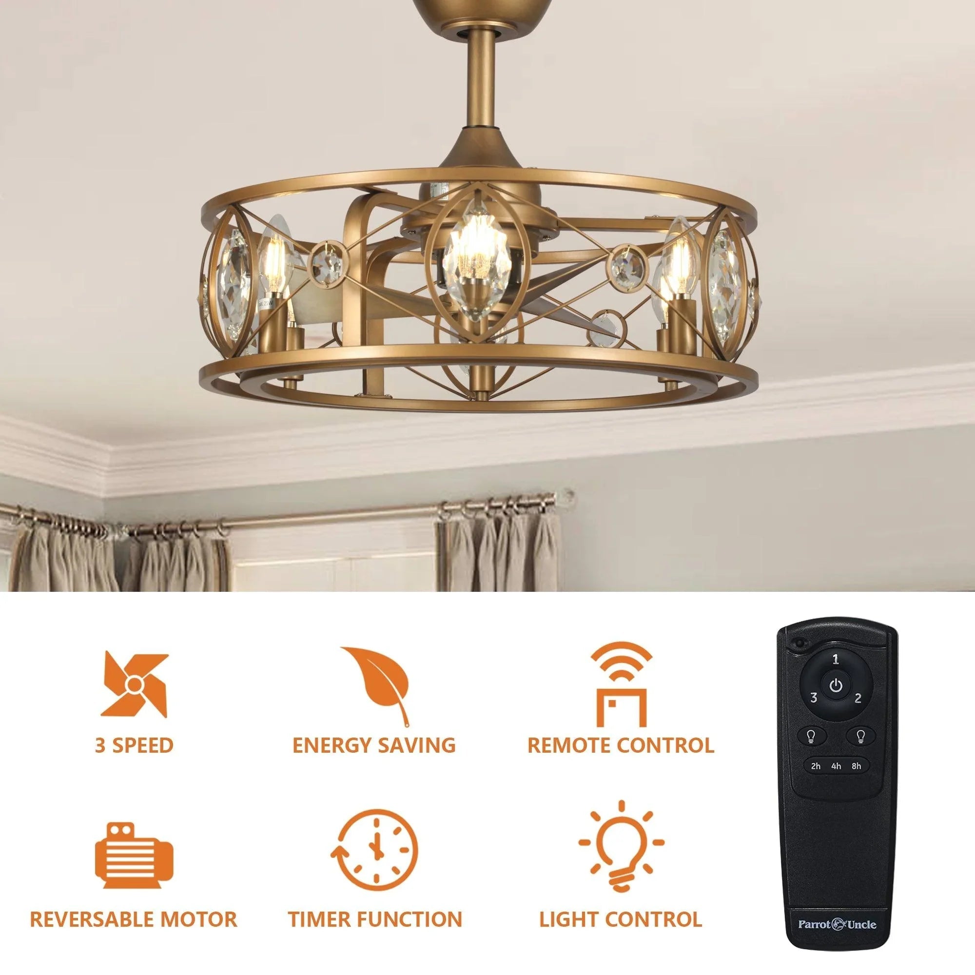 Golden crystal cage ceiling fan chandelier with remote control nearby