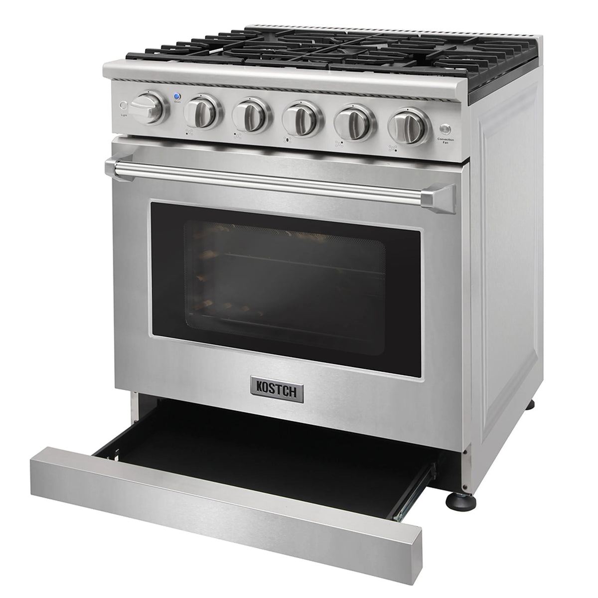 Stainless steel propane gas range with five burners and open convection oven door