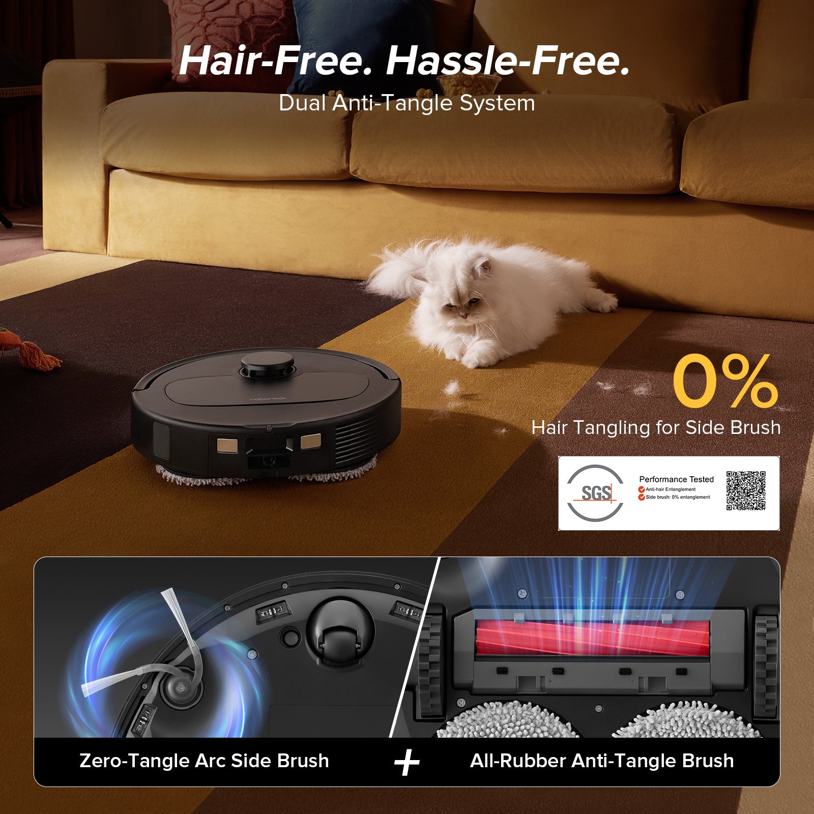 Black robot vacuum on the floor with visible top control and side brush