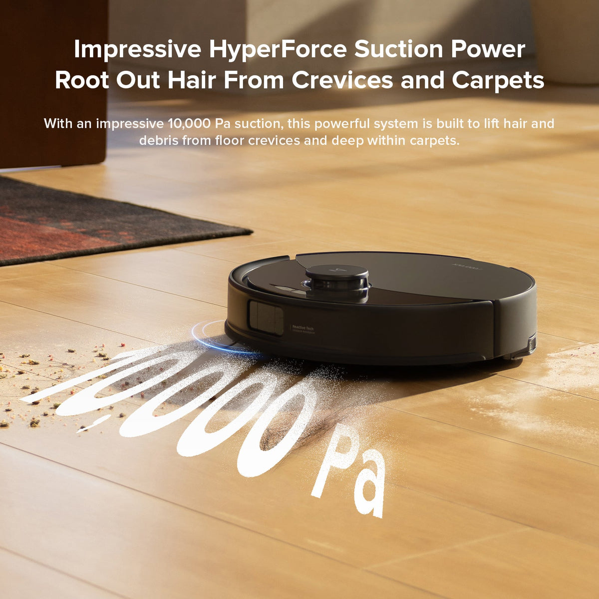 Robot vacuum and mop on wood floor with suction airflow and 10000 Pa graphic