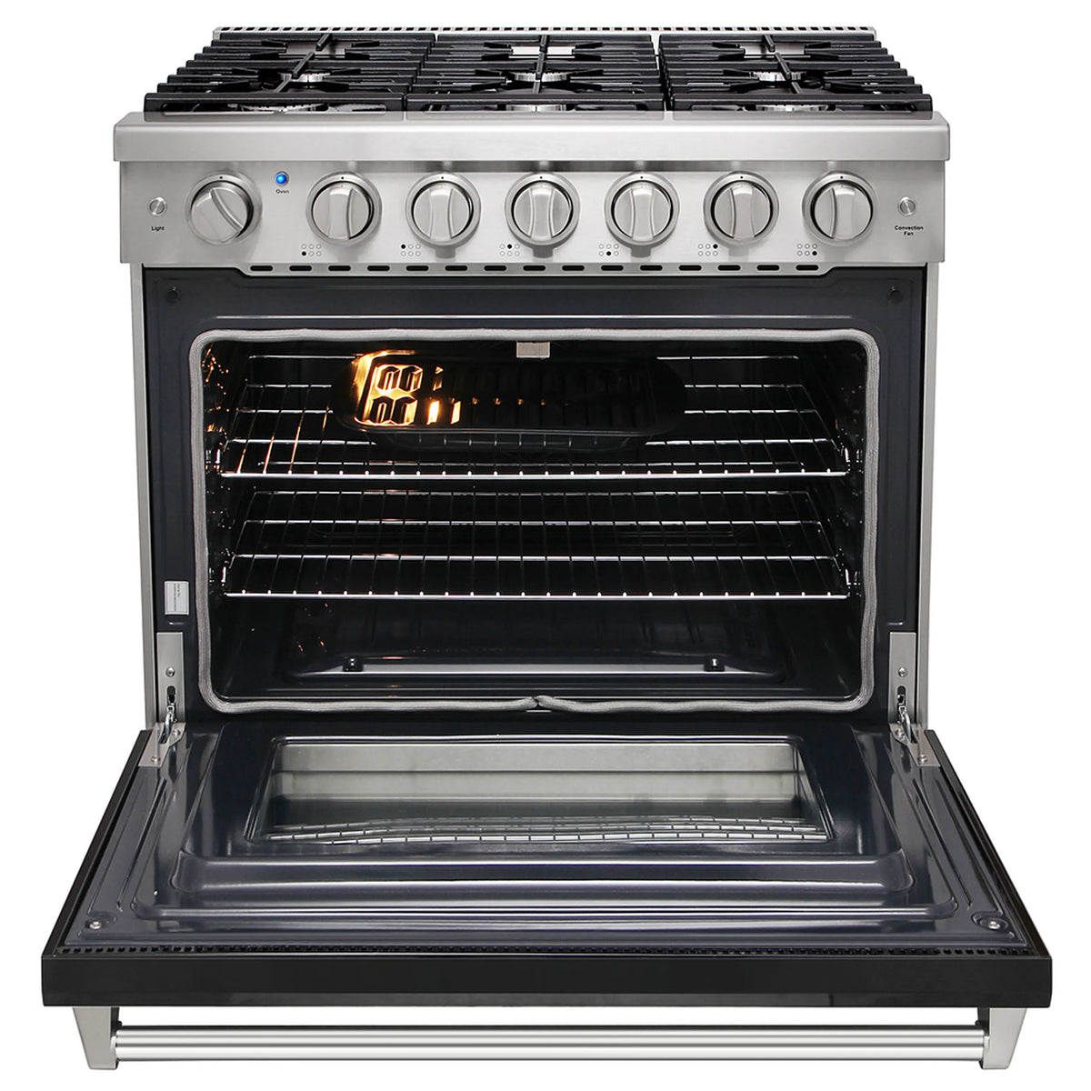 Black 36-inch gas range with open convection oven door and control knobs