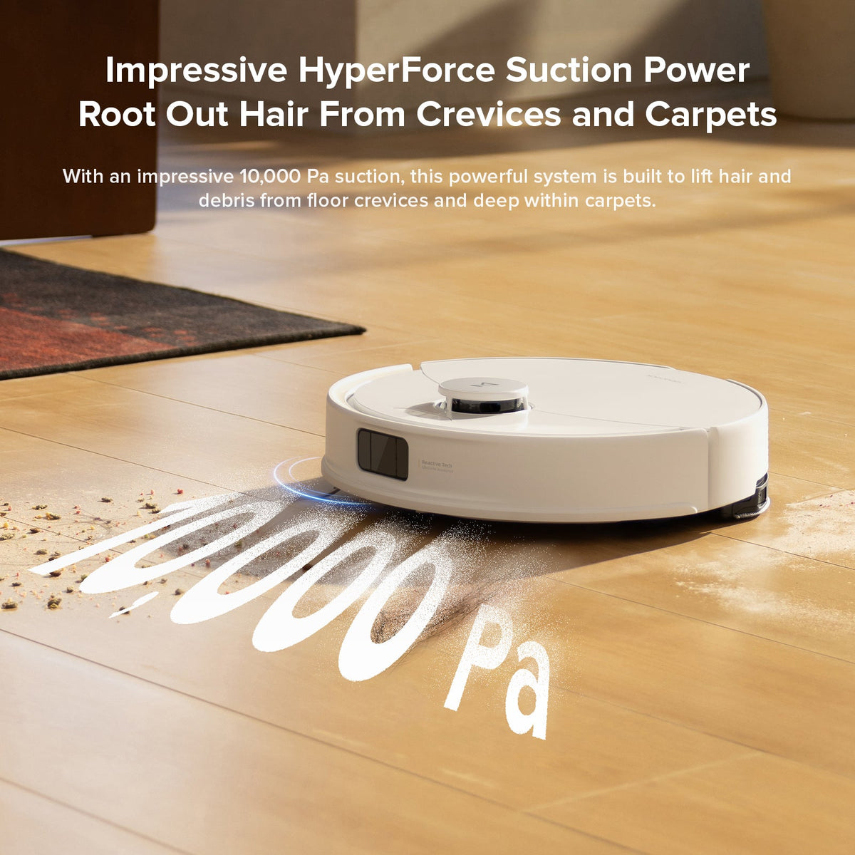 White robot vacuum and mop on wood floor with 10000 Pa suction airflow graphic