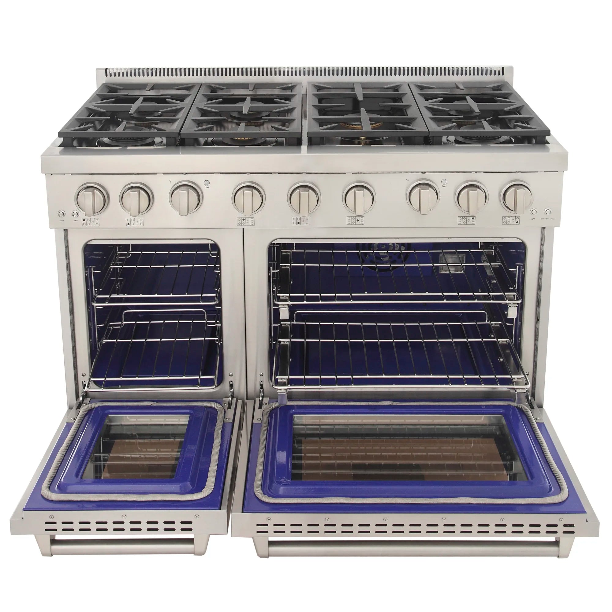 Stainless gas range with two open ovens and blue enamel racks