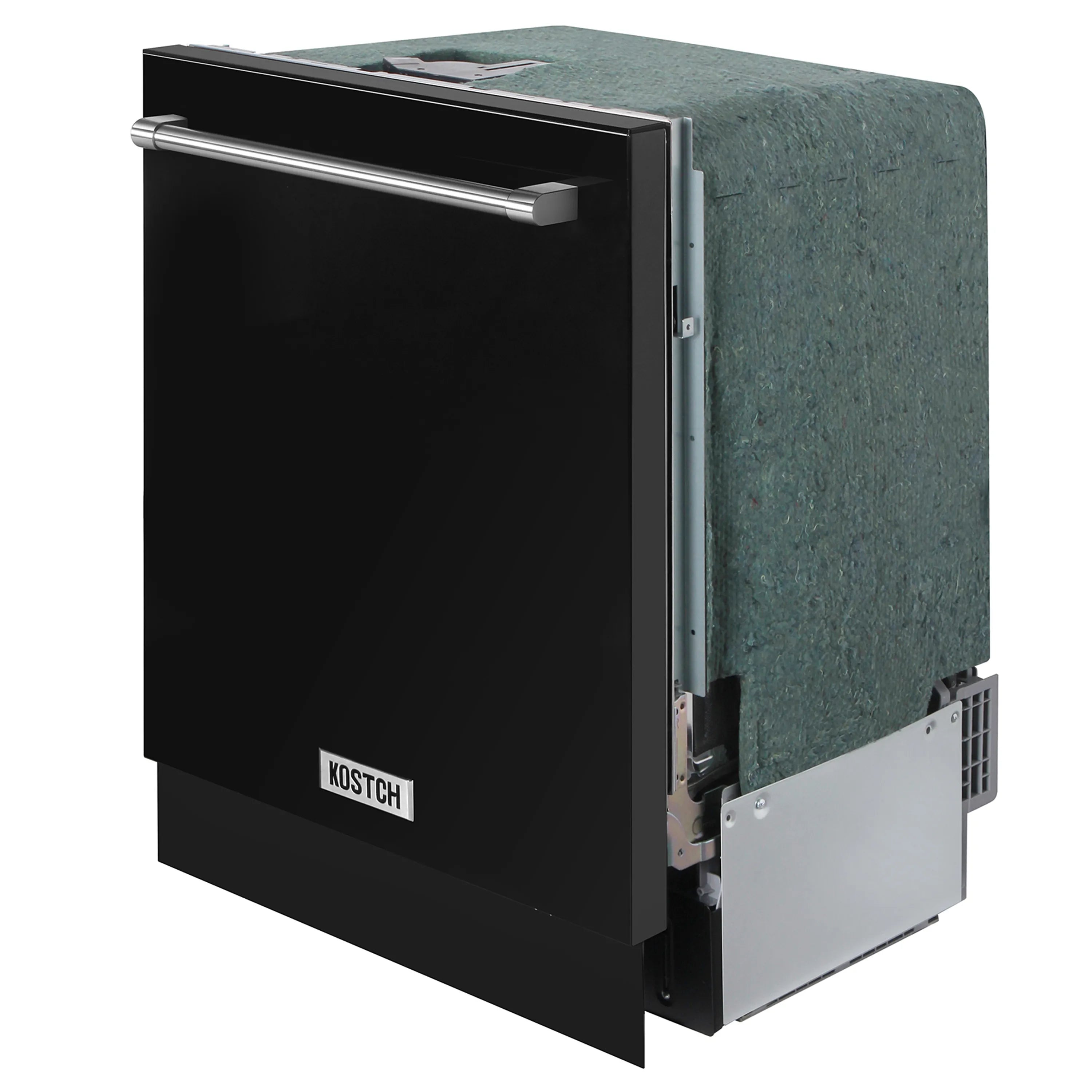 Black built-in dishwasher exterior with pull-out door and open lower panel