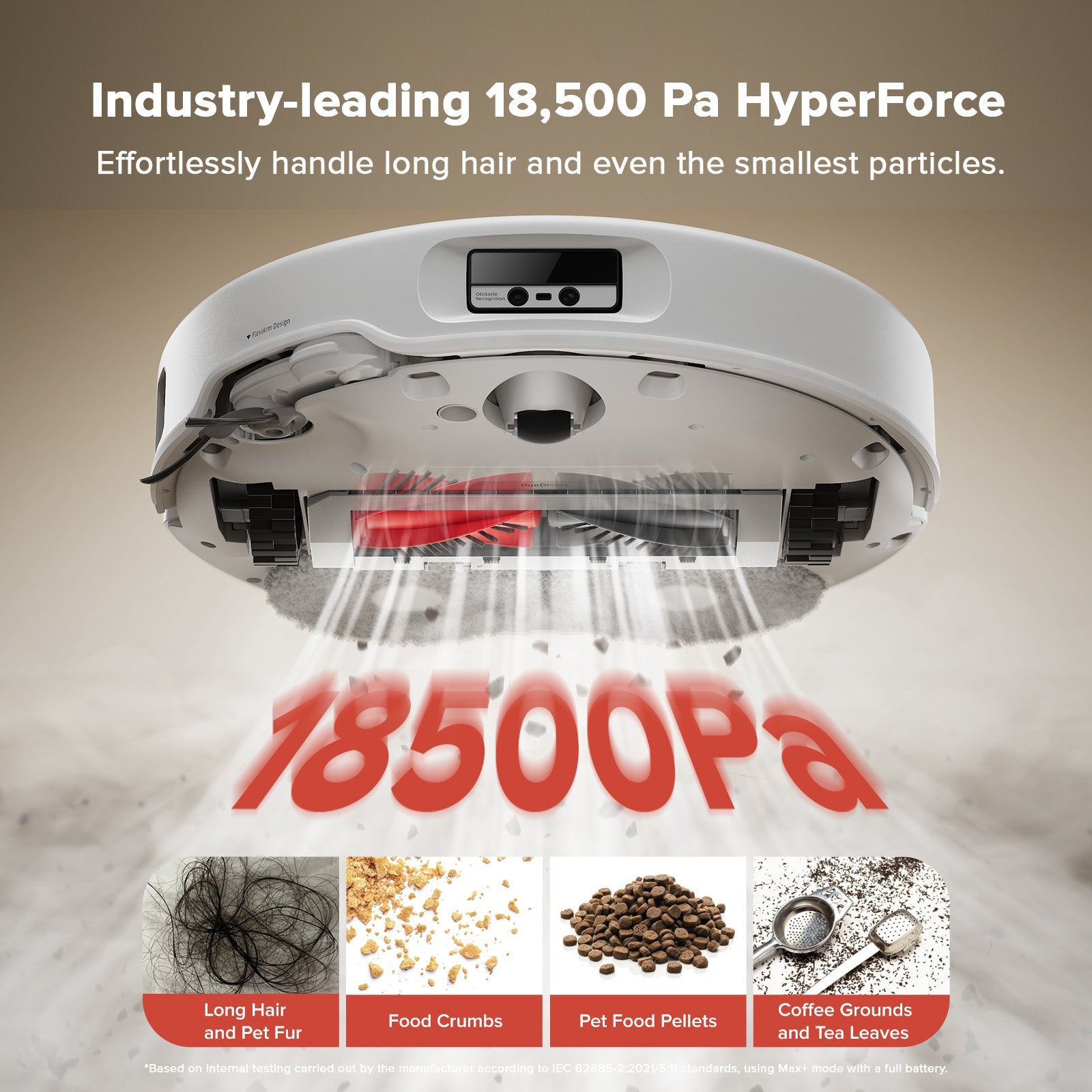 White Roborock robot vacuum with suction nozzle view and floating debris graphic