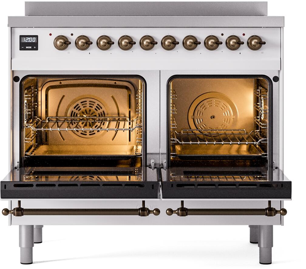 White freestanding induction range with bronze handles, both ovens open, racks inside