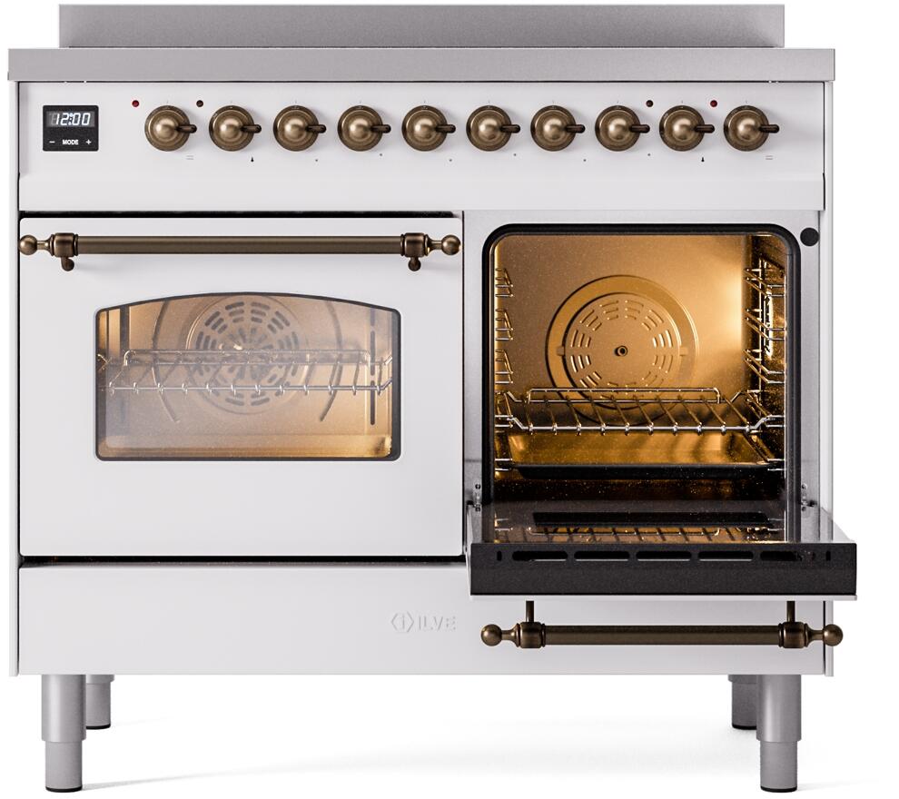 White freestanding induction range with bronze handle, right oven open, left oven closed