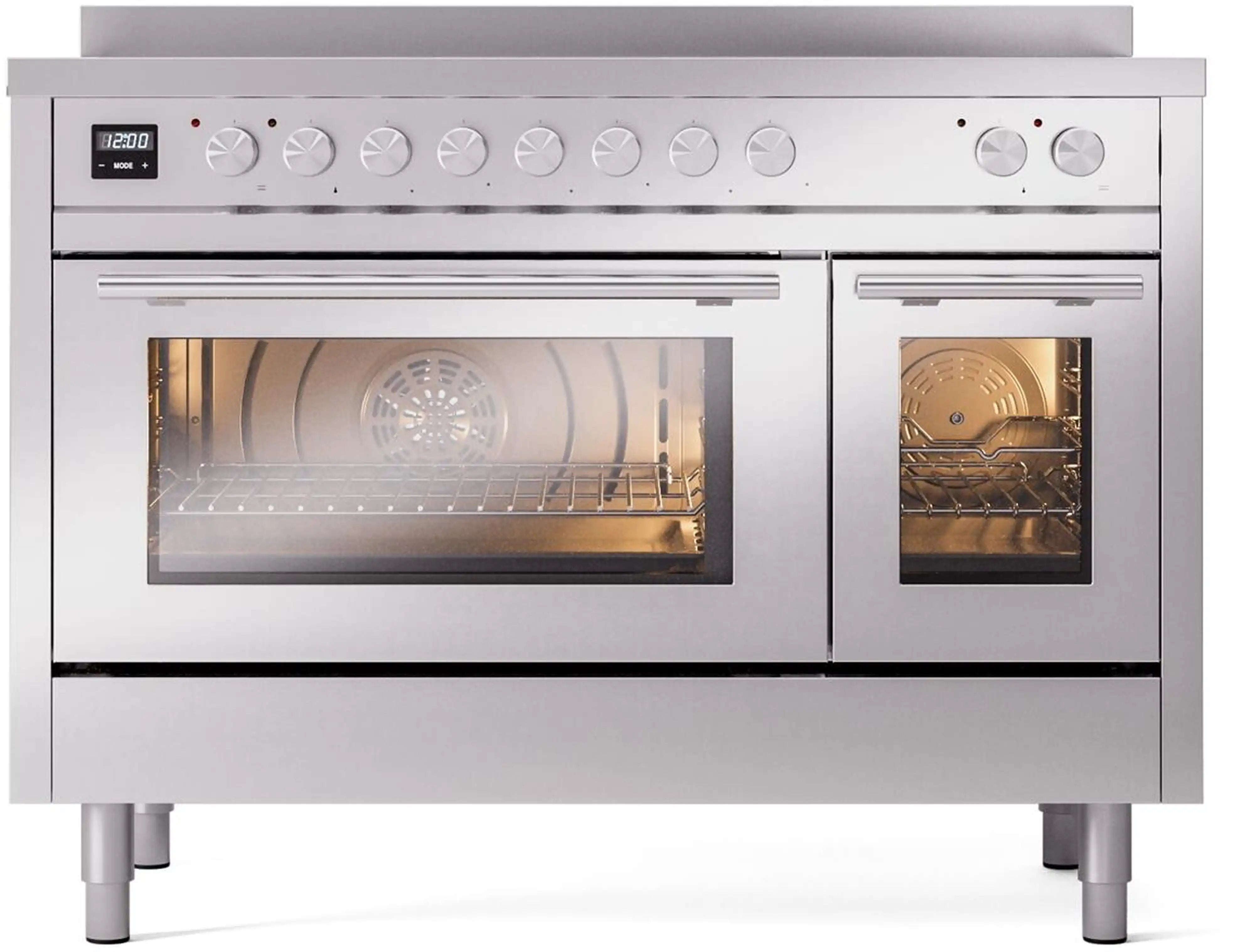 Stainless steel induction range with main oven door open and smaller oven door