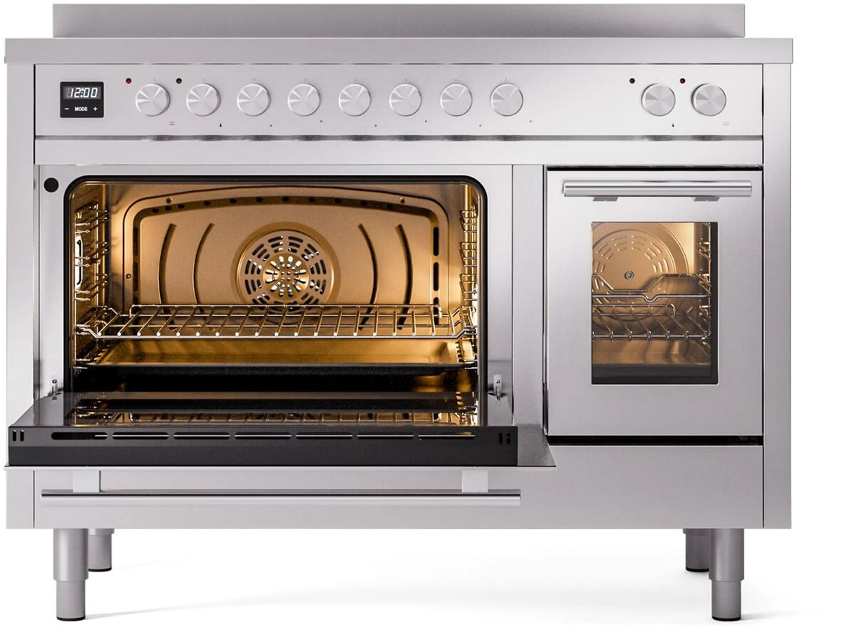 Stainless steel induction range with both ovens open, racks and heated interior
