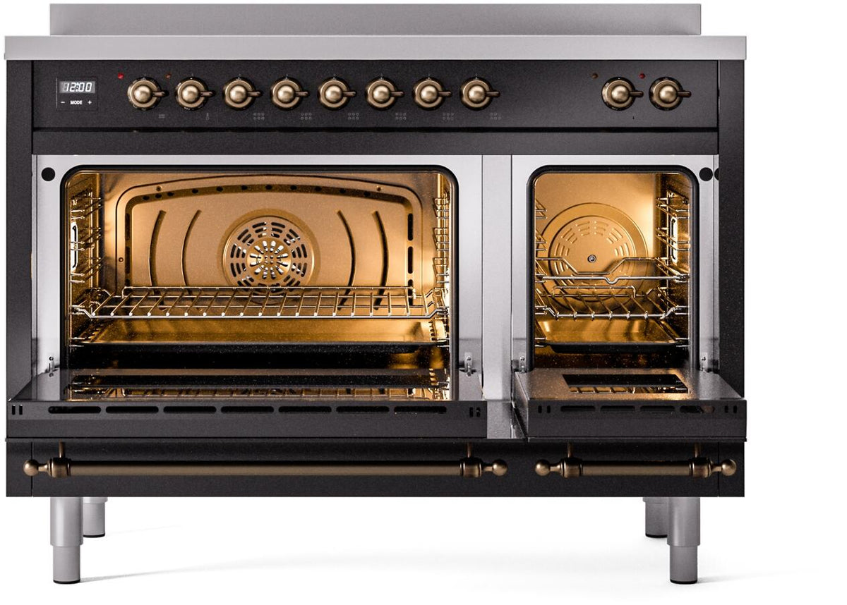 Freestanding range with both oven doors open, showing two interior racks and bronze accents