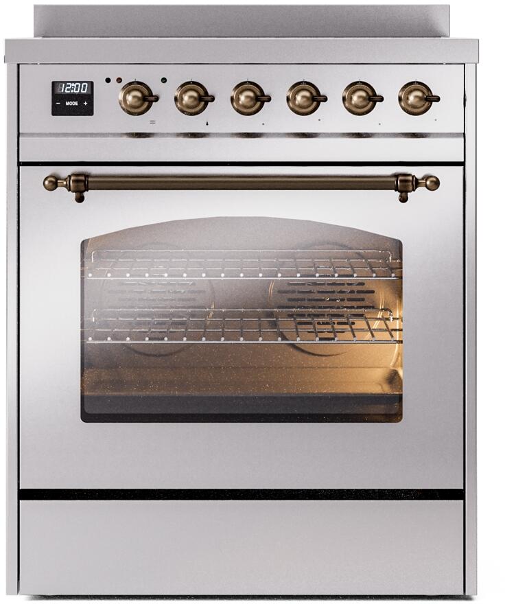 Stainless steel freestanding electric induction range with bronze-trim oven handle and window