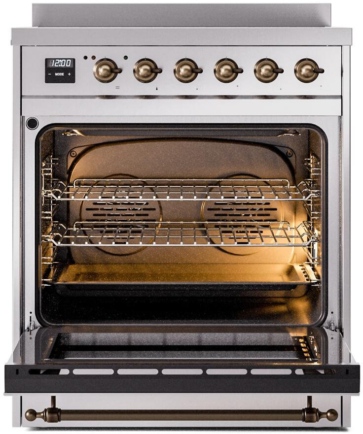 Stainless steel induction range with oven door open, showing interior racks and bronze details