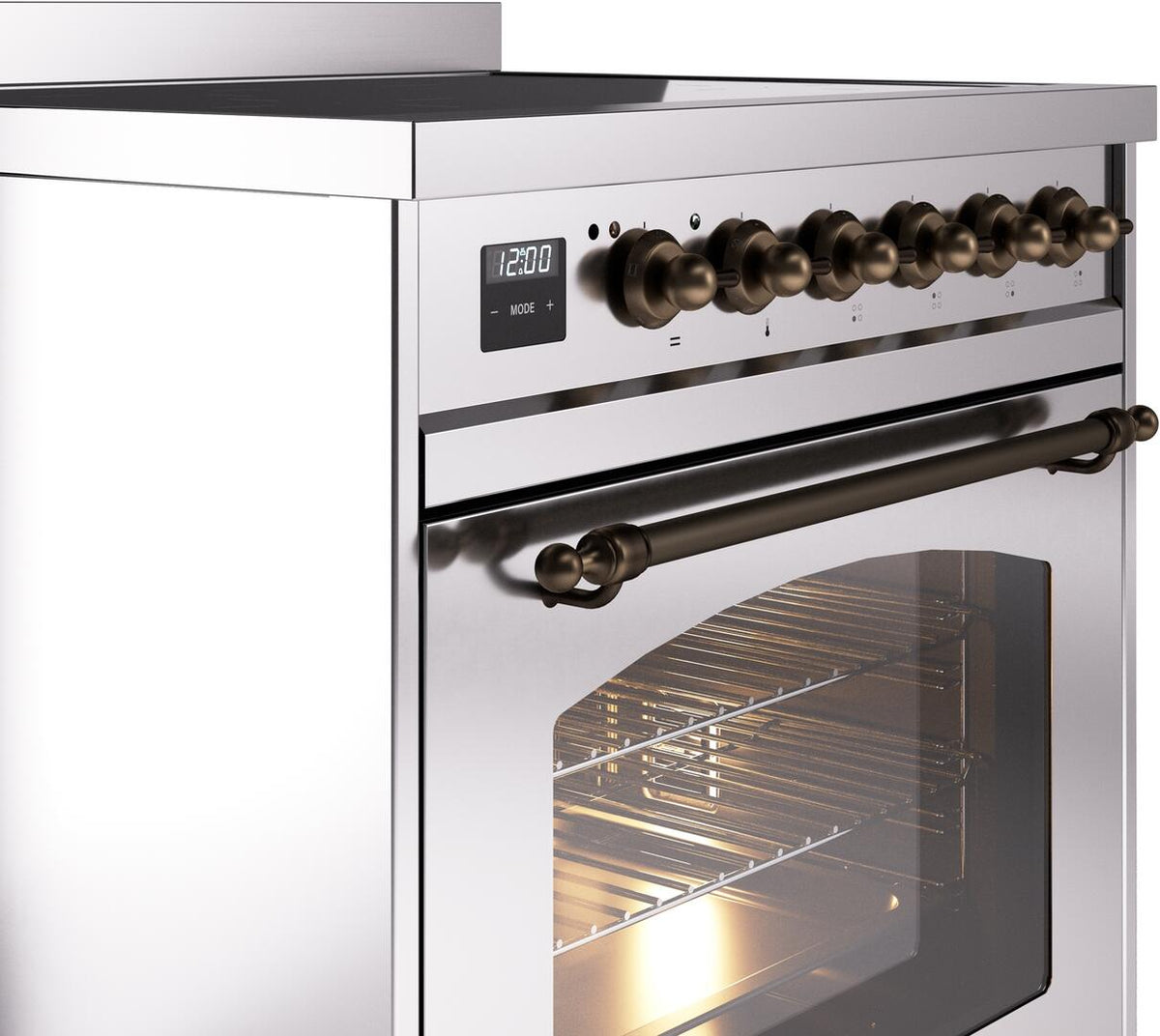 Stainless steel range control panel with bronze knobs, clock display, and oven vent handle