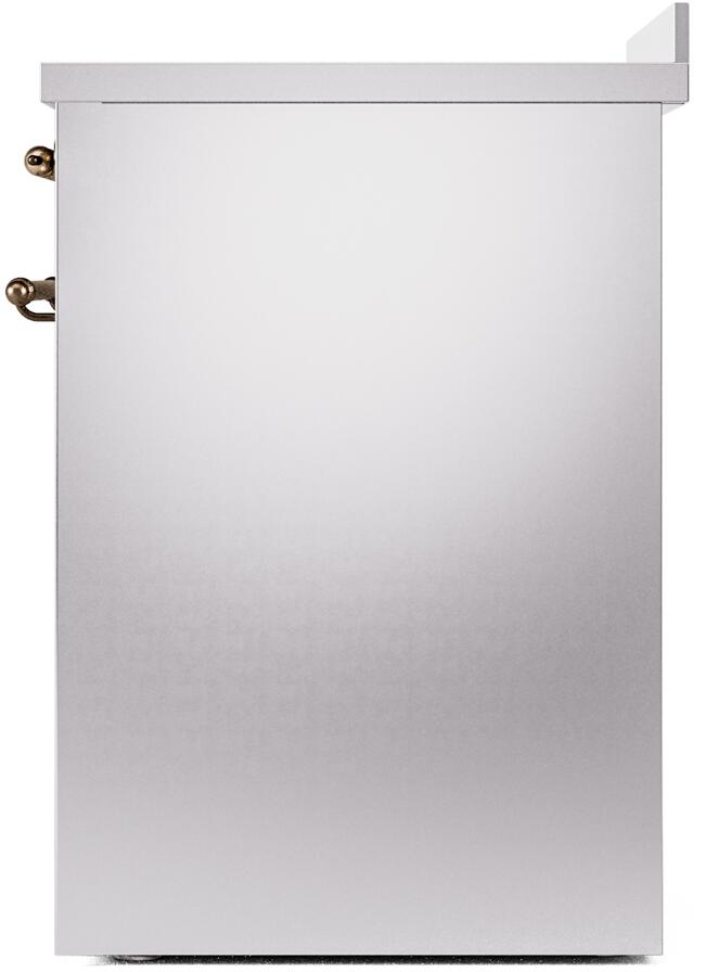 Stainless steel range side panel with visible bronze hinge hardware