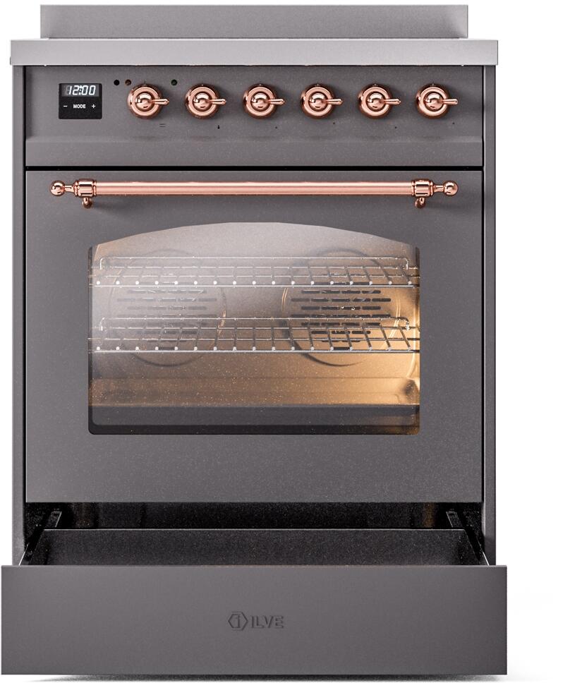 Matte graphite induction range with copper handle oven door closed and control panel