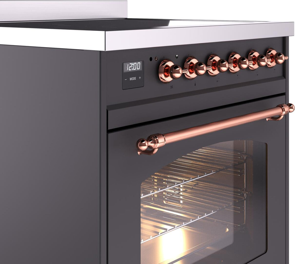 Matte graphite induction range side view with copper control knobs and oven door handle