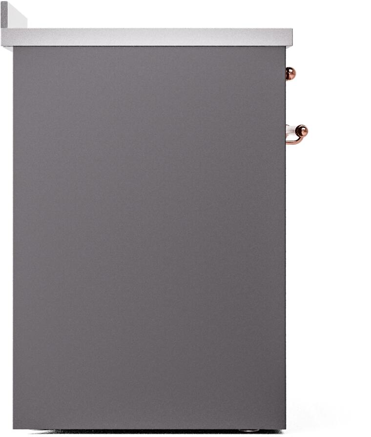 Matte graphite side panel of freestanding induction range with copper handle detail