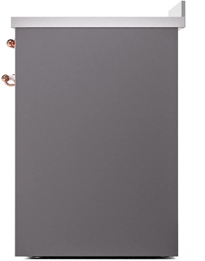 Matte graphite rear-side panel of freestanding induction range with copper trim
