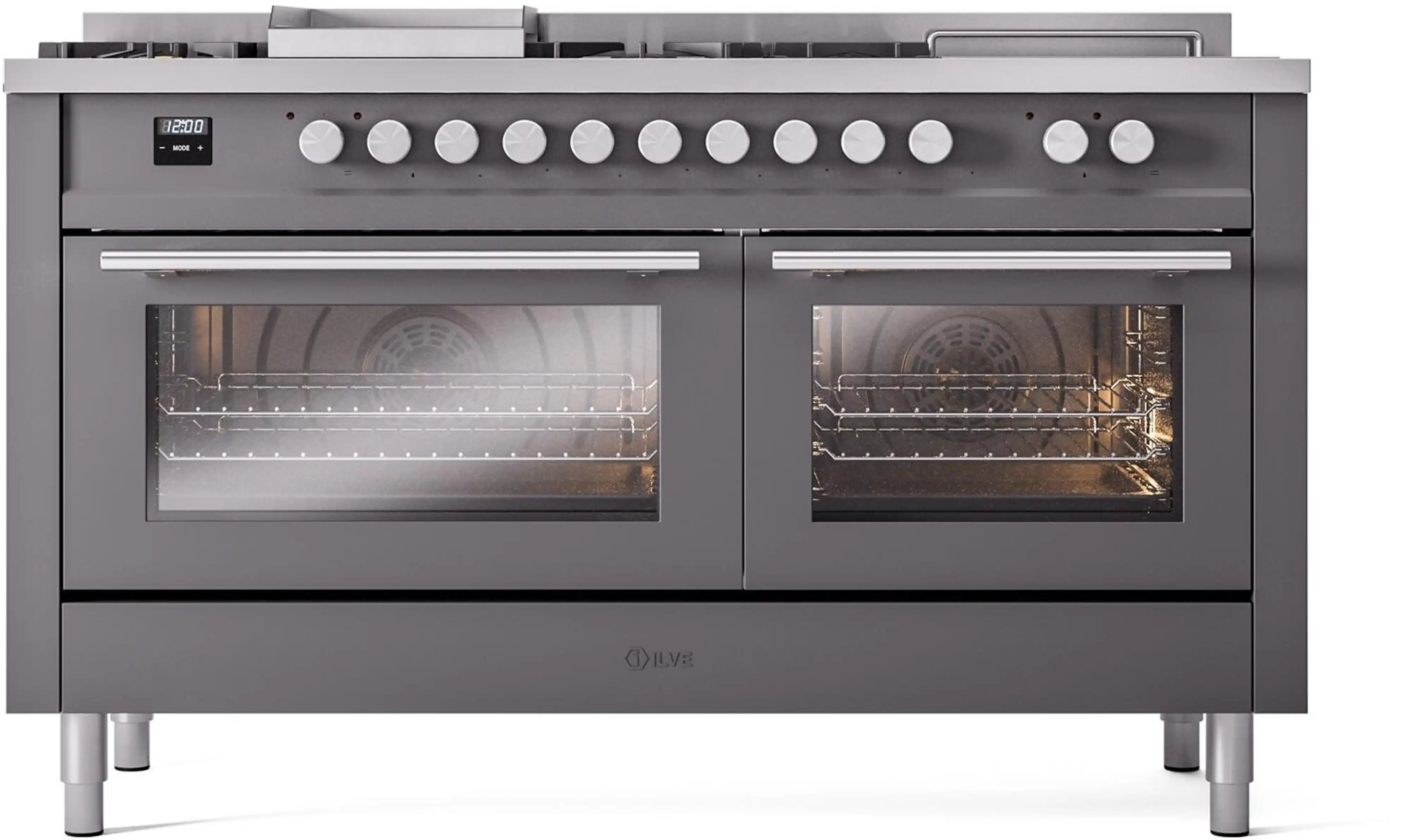 Matte graphite dual fuel range with two open ovens and illuminated oven interiors