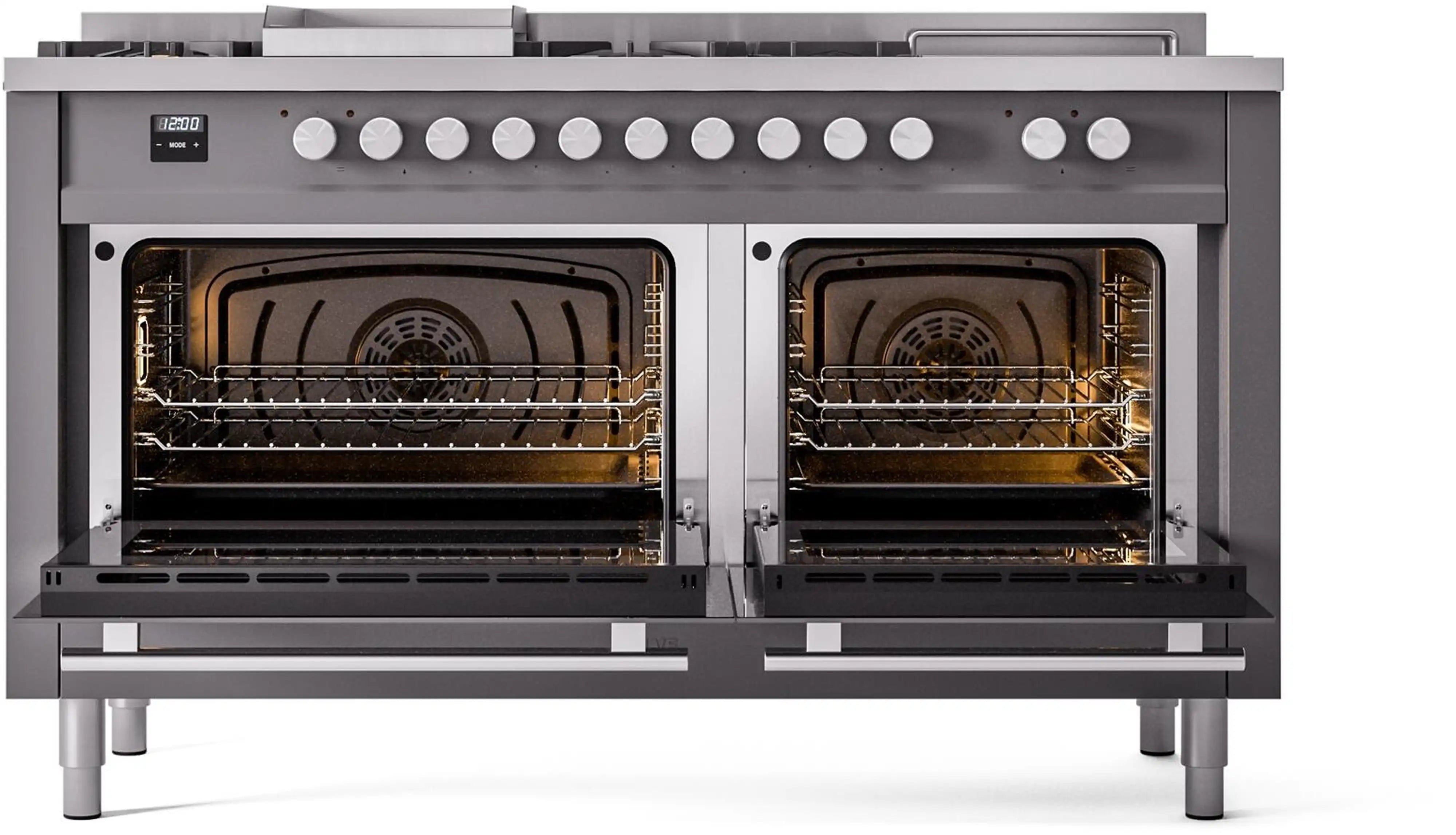 Matte graphite dual fuel range with two open ovens and visible wire racks