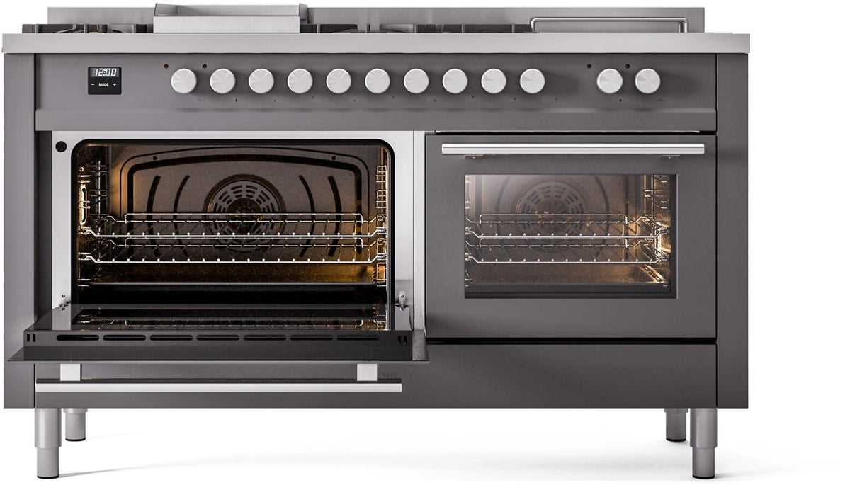 Matte graphite dual fuel range with front control knobs and closed oven doors