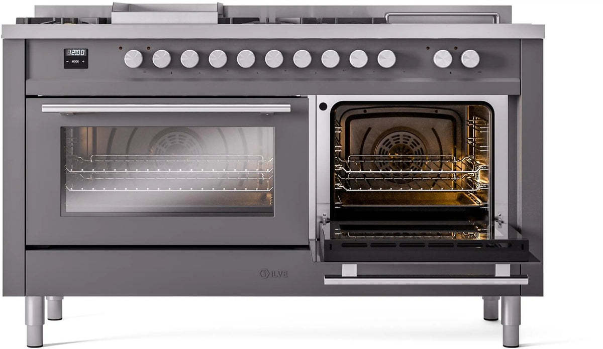 Matte graphite dual fuel range with one oven glass door and one oven open