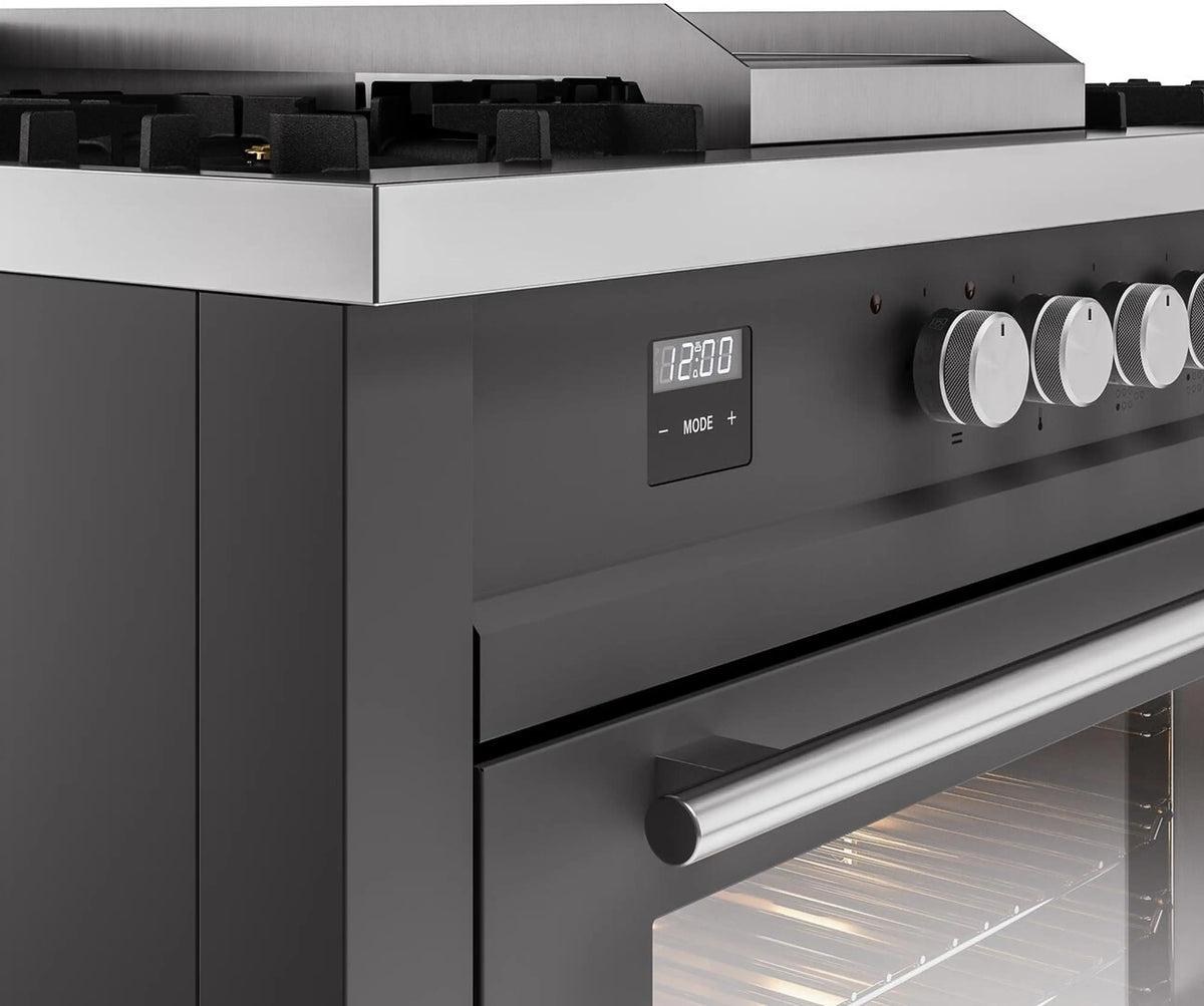 Matte graphite range control panel with mode display, knobs, and oven door handle