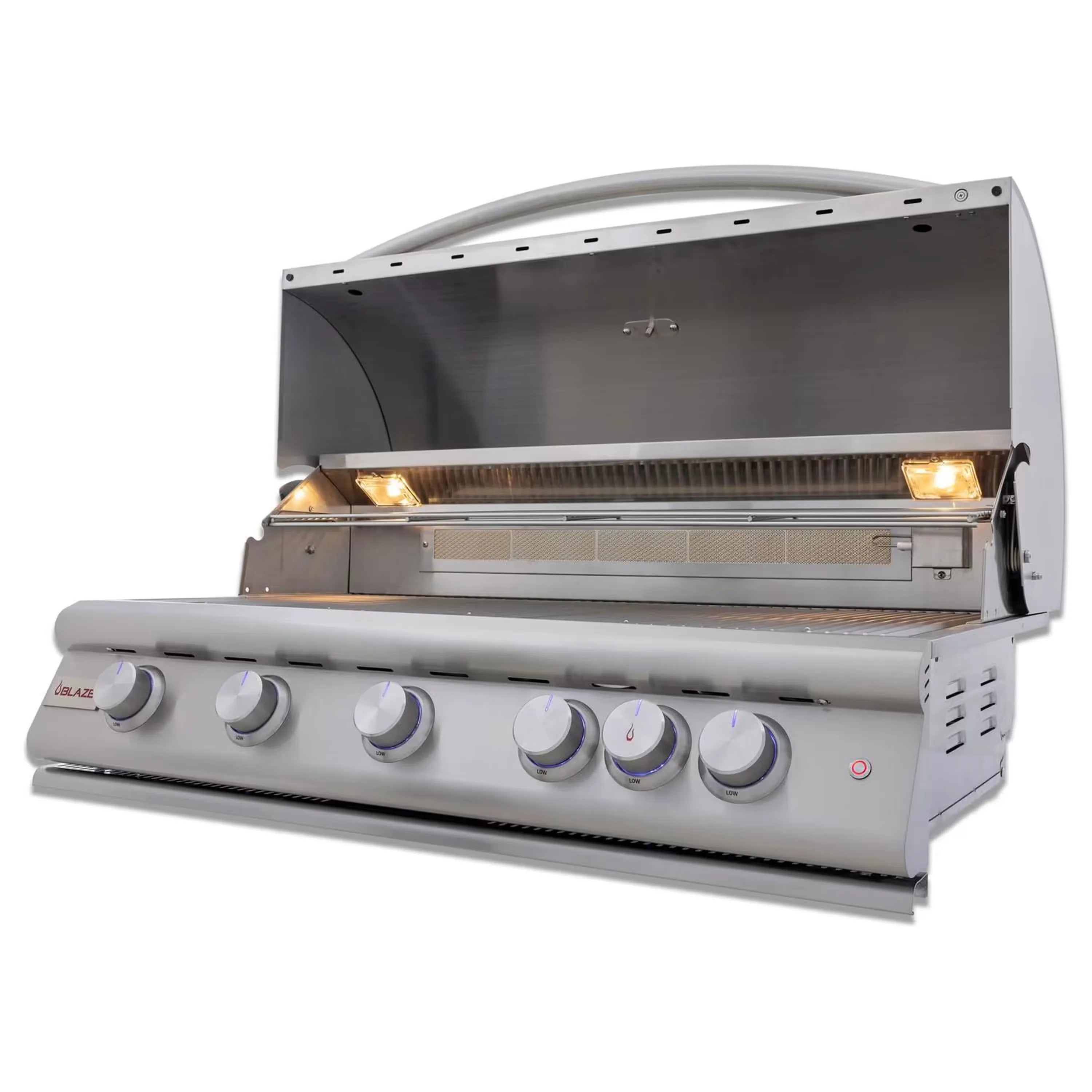 Stainless built-in natural gas grill with hood open showing lit burner compartment