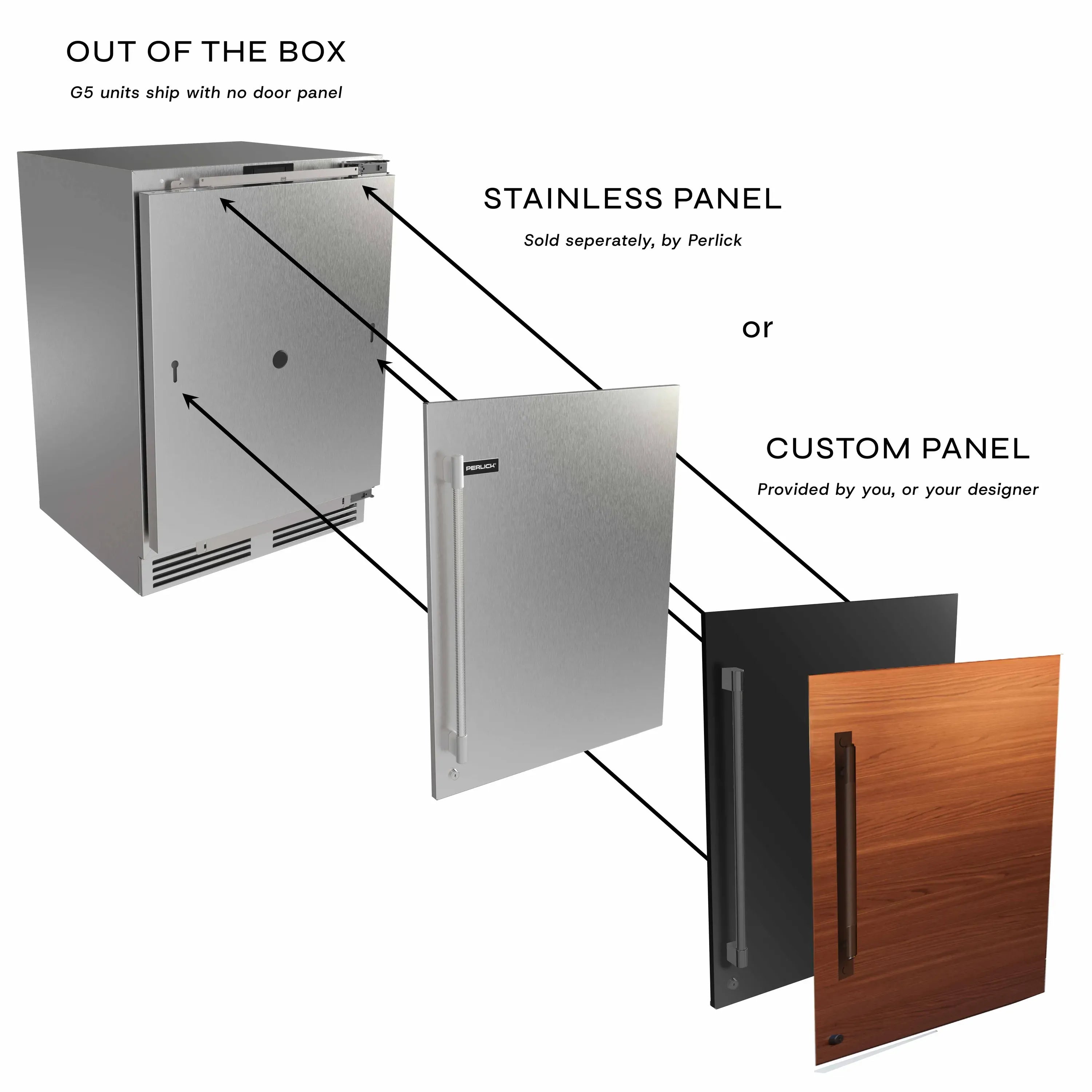Undercounter wine cooler with separate stainless and custom door panels