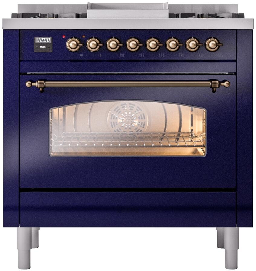 Midnight blue freestanding dual fuel range with bronze control knobs and oven door window