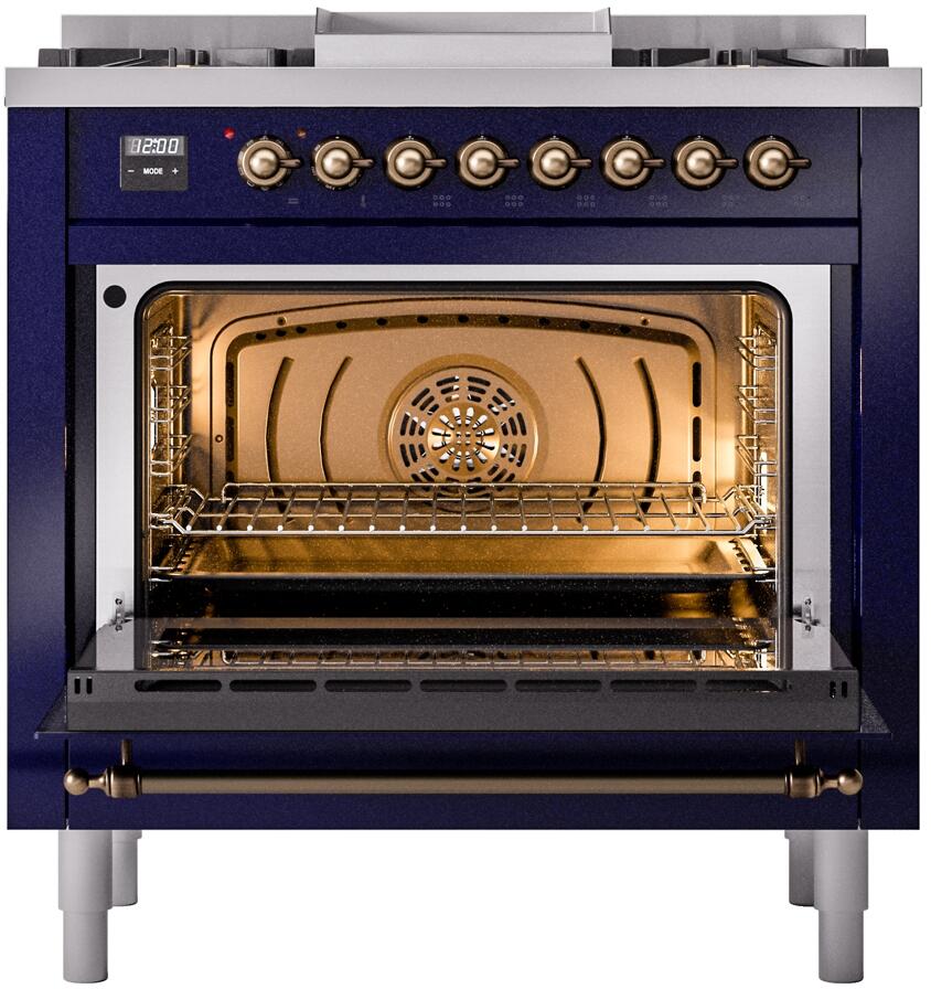 Midnight blue freestanding range with open oven door and visible interior rack through glass